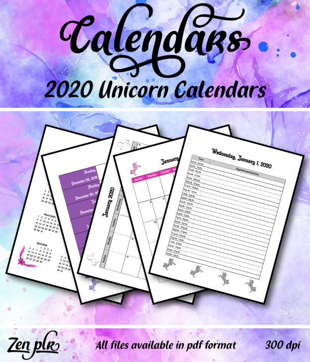 Zen PLR 2020 Unicorn Calendars Front Cover