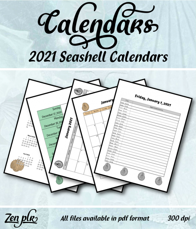 Zen PLR 2021 Seashell Calendars Front Cover