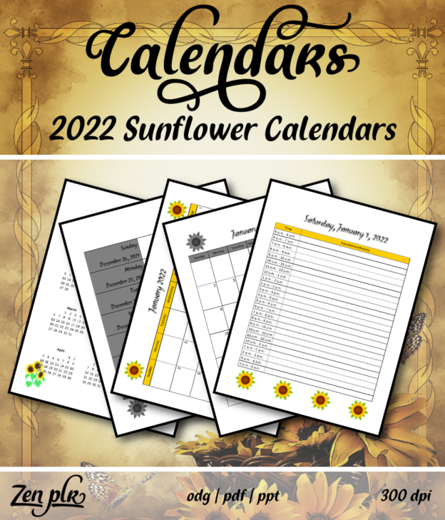 Zen PLR 2022 Sunflower Calendars Front Cover