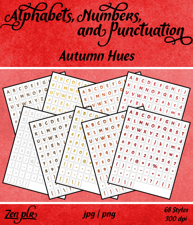 Zen PLR Alphabets, Numbers, and Punctuation Autumn Hues Front Cover
