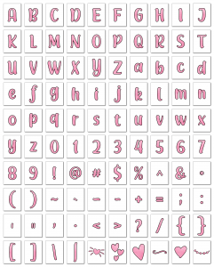 Zen PLR Alphabets, Numbers, and Punctuation Modern Romance Pink Outlined Graphic