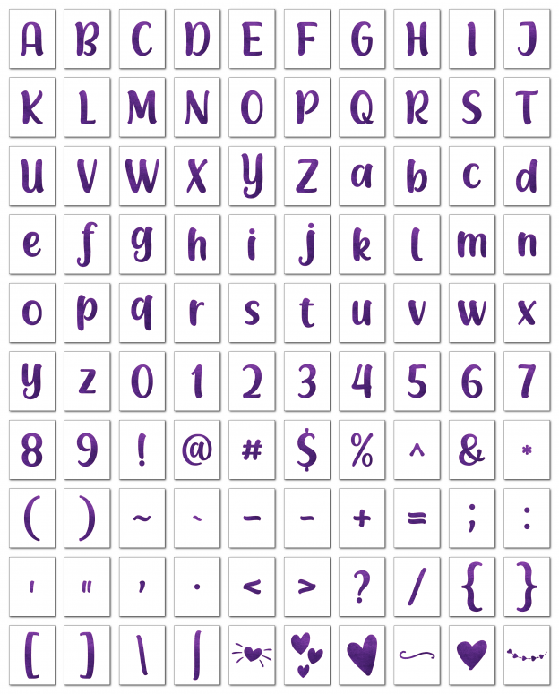 Zen PLR Alphabets, Numbers, and Punctuation Modern Romance Purple Non-Outlined Graphic