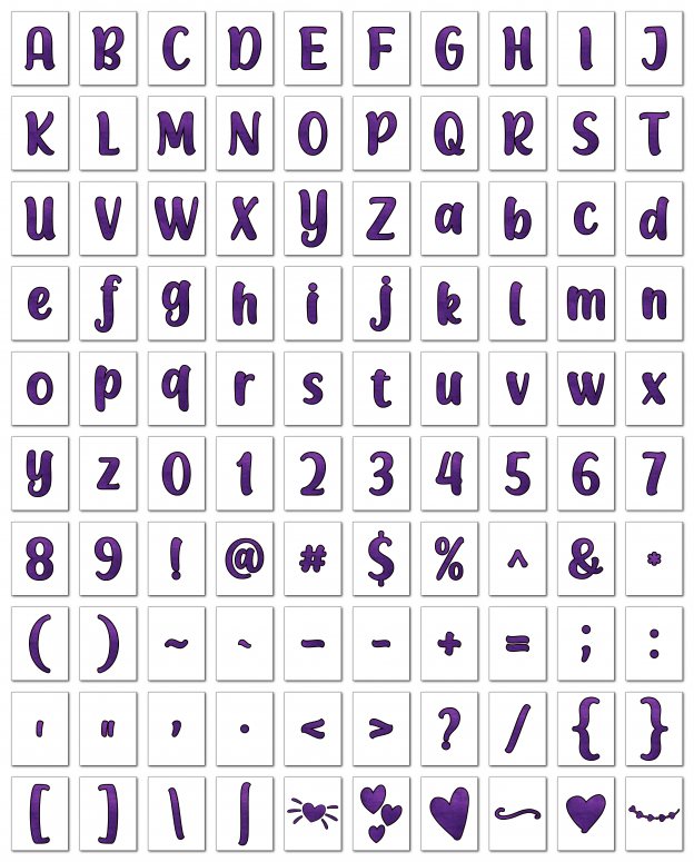 Zen PLR Alphabets, Numbers, and Punctuation Modern Romance Purple Outlined Graphic
