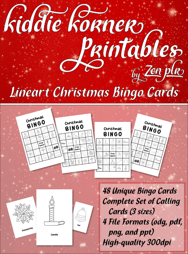 Zen PLR Kiddie Korner Printables Christmas Bingo Lineart Cover