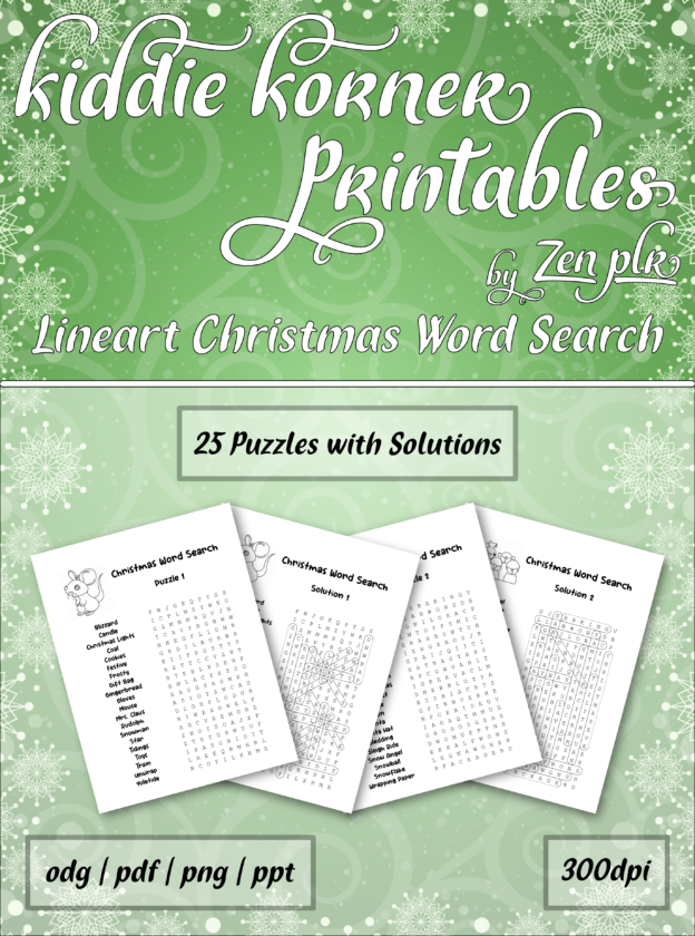 Zen PLR Kiddie Korner Printables Christmas Word Search Lineart Cover