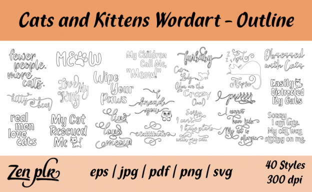 Zen PLR Typography Cats and Kittens Wordart Outline