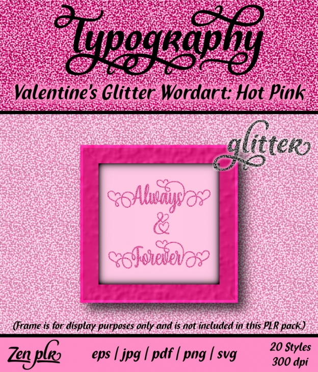 Zen PLR Typography Valentines Glitter Wordart Hot Pink Front Cover