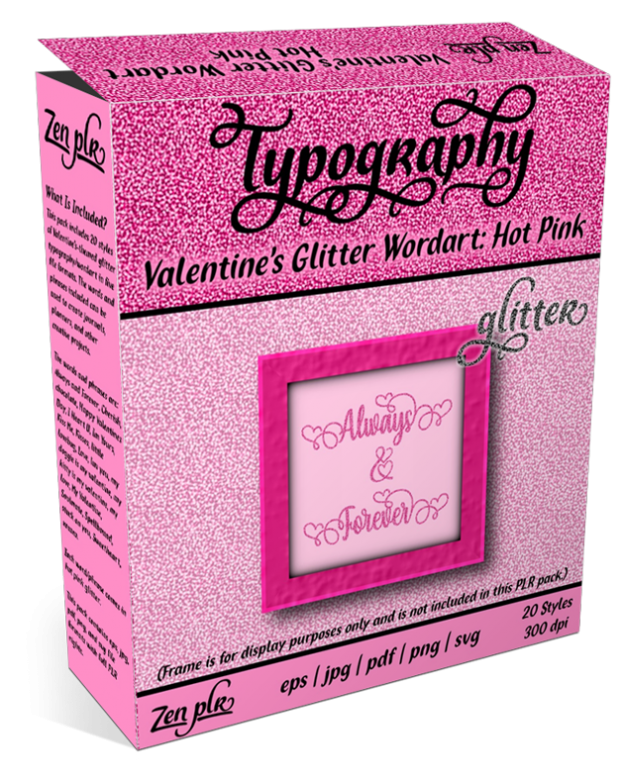 Zen PLR Typography Valentines Glitter Wordart Hot Pink Product Cover