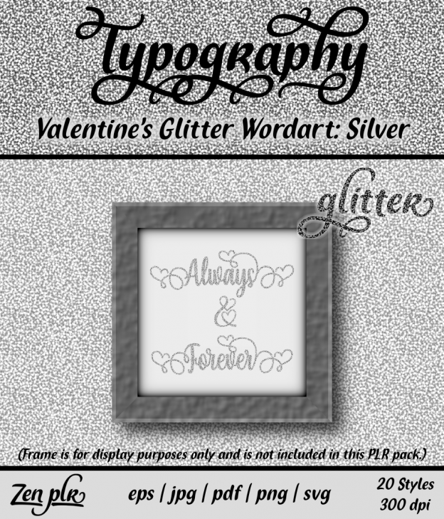 Zen PLR Typography Valentines Glitter Wordart Silver Front Cover