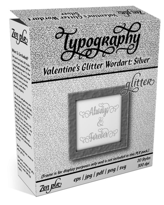 Zen PLR Typography Valentines Glitter Wordart Silver Product Cover